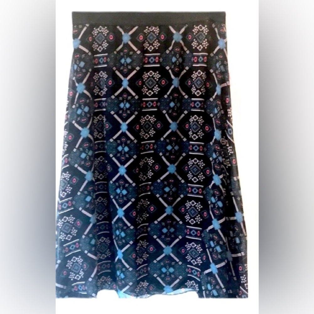 NWT Black Chiffon Double Layer Midi Skirt With Tribal Design & Elastic W…